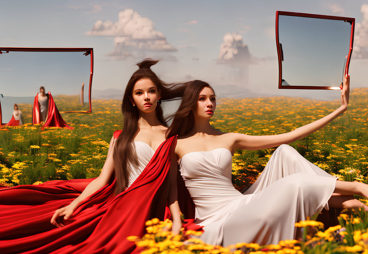 Two women in red and white dresses with mirror reflection in field of yellow flowers.