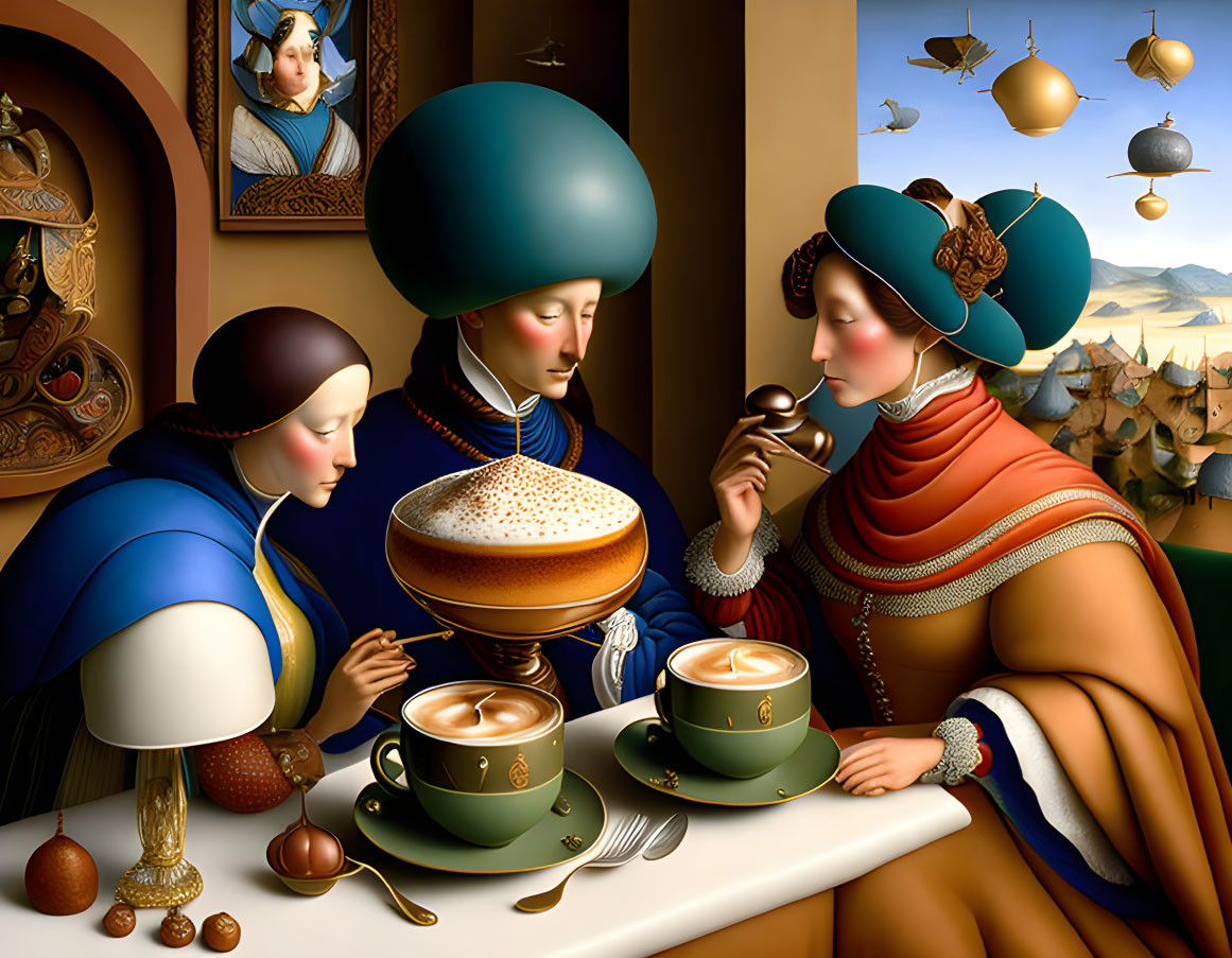 Surreal Renaissance scene: Three figures with elongated heads at a coffee table