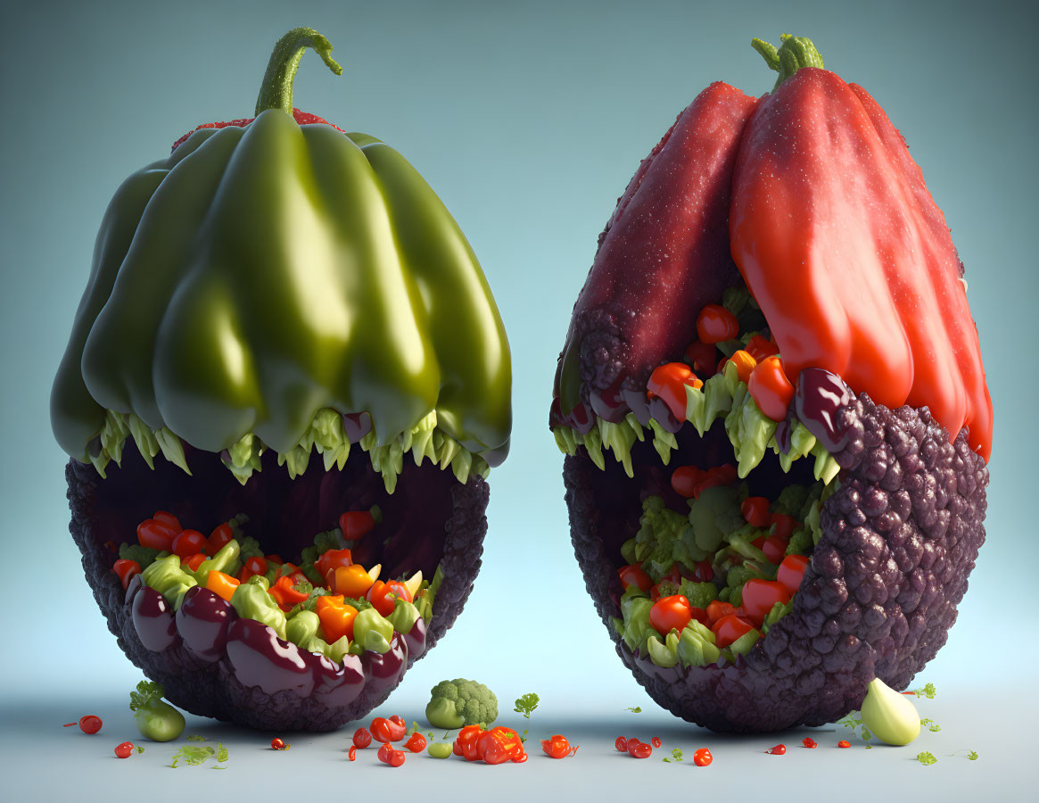 Stylized bell peppers with mouths, teeth, and tongues filled with vegetables