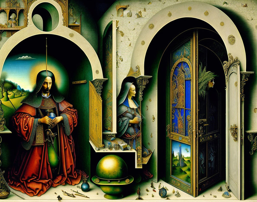 Surrealist painting of man and woman in archways with ornate objects