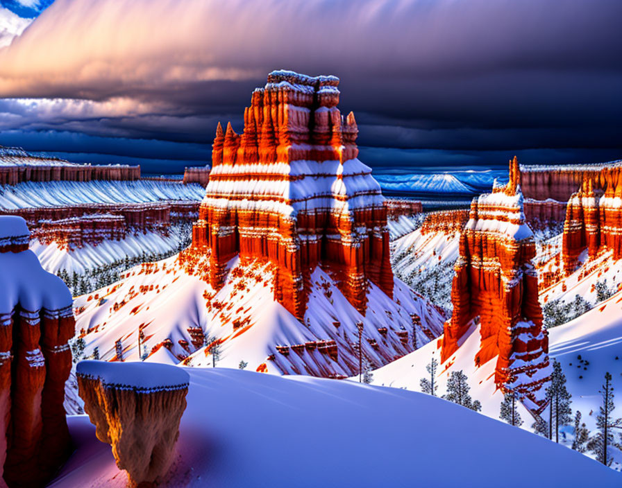 Dramatic Twilight Red Rock Formations in Snow-Dusted Canyon