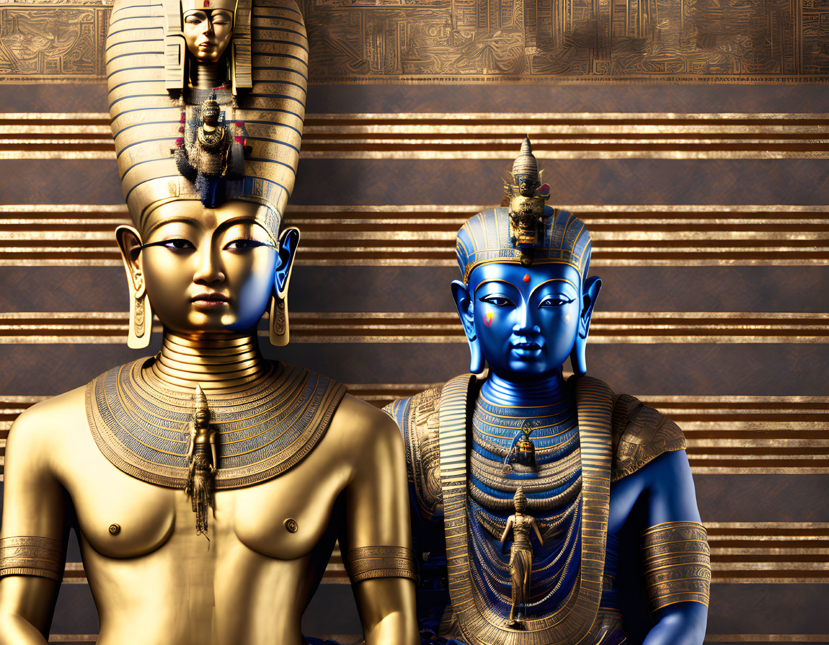 Egyptian statues with golden skin and blue headdresses on hieroglyphic background