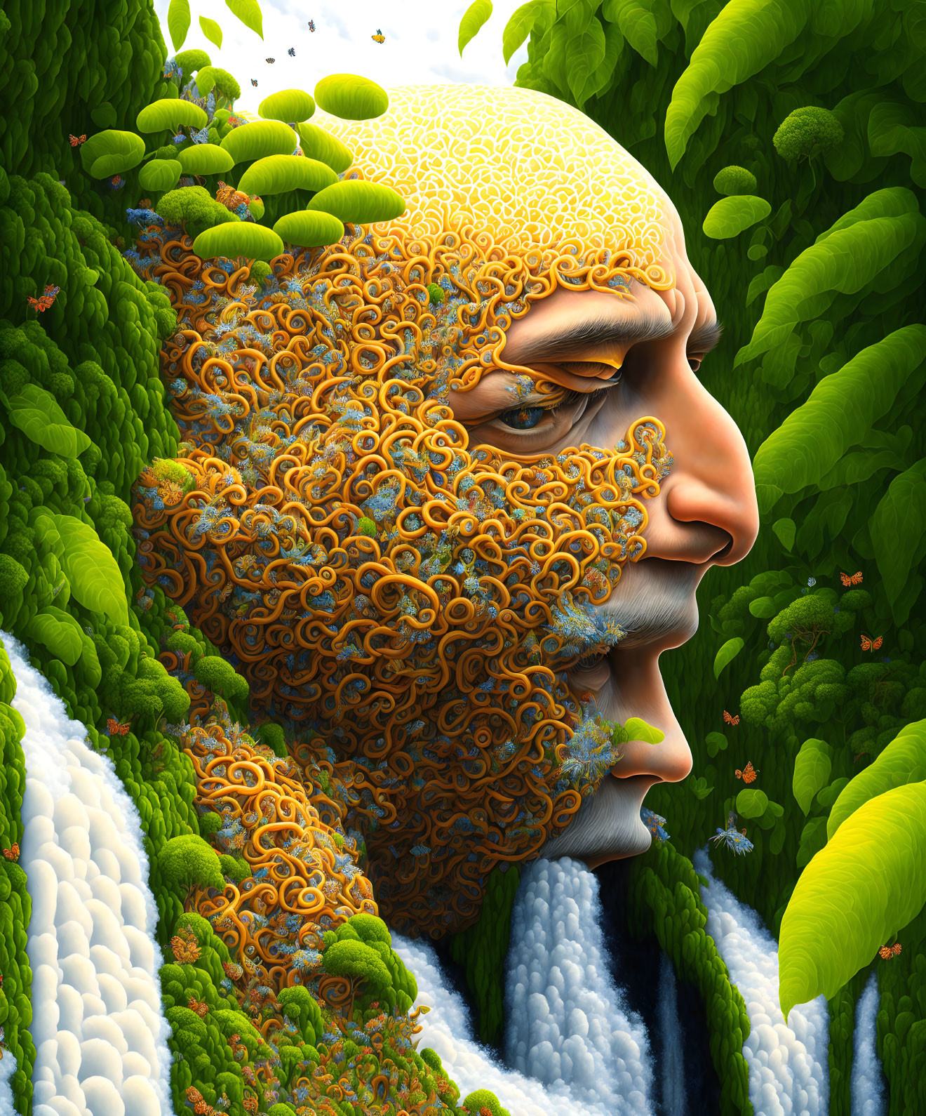 Illustration of Human Face Merged with Vibrant Forest Ecosystem