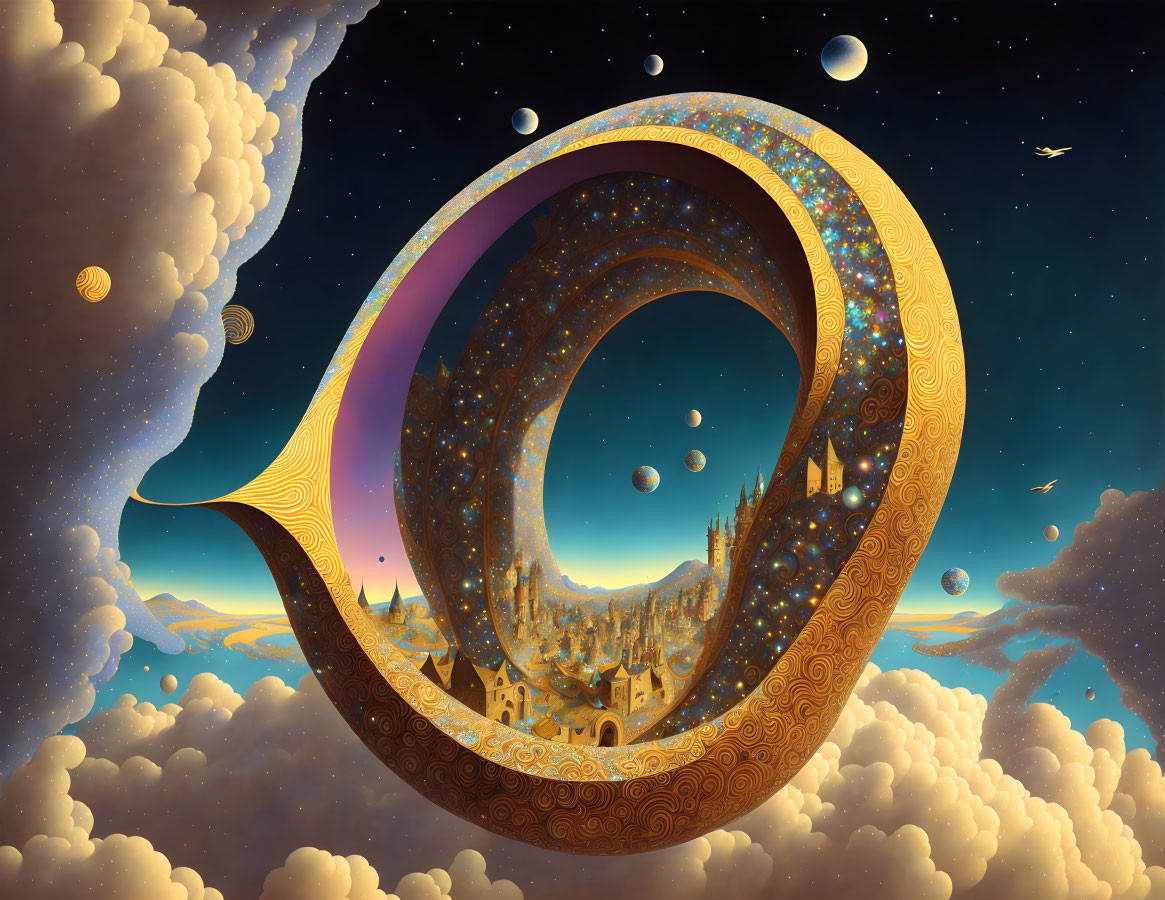 Surreal cosmic loop with starry interior and golden rim above fantasy landscape