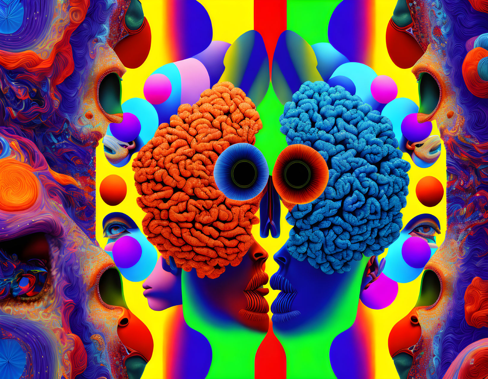 Colorful abstract faces with exposed brains on psychedelic backdrop