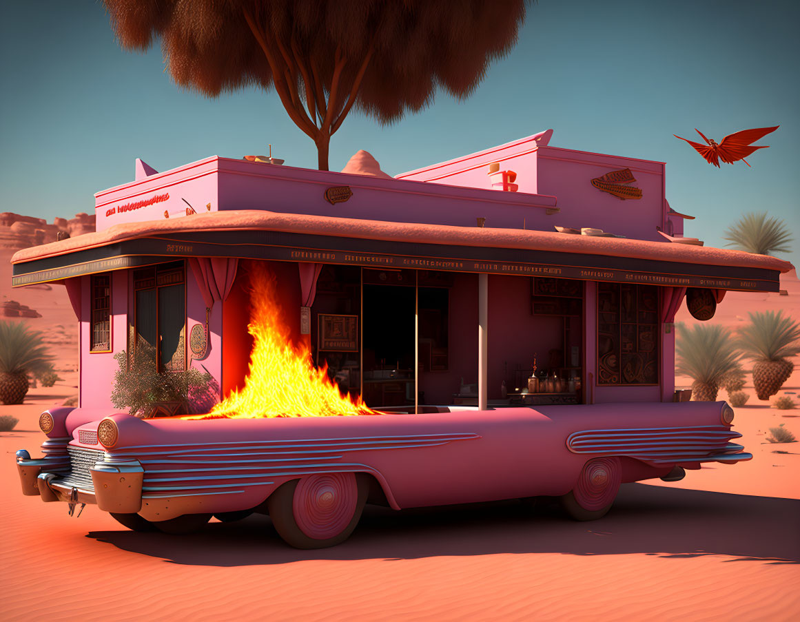 Retro-futuristic diner in flaming pink car under desert tree