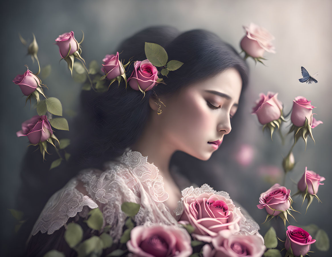 Dark-Haired Woman with Pink Roses and Butterfly in Serene Setting