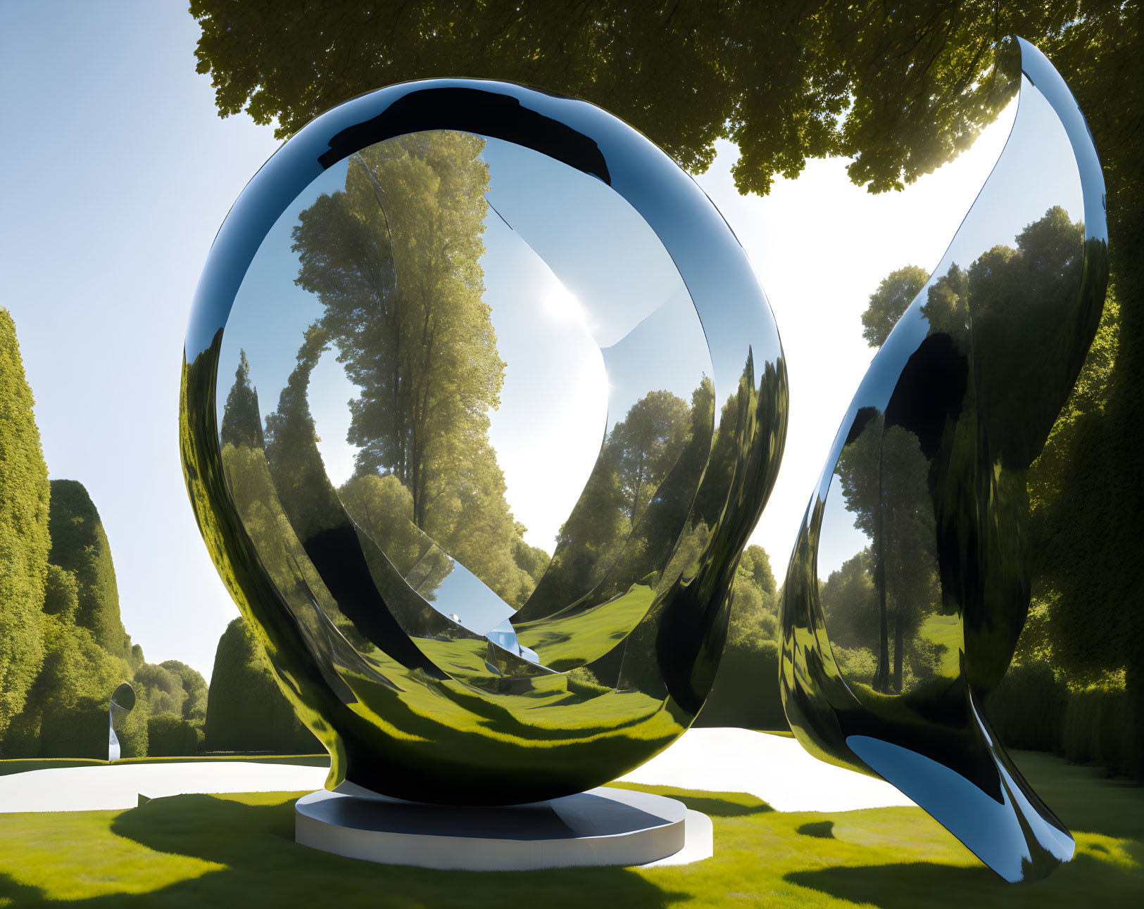 Reflective spherical sculpture distorts lush green garden scenery