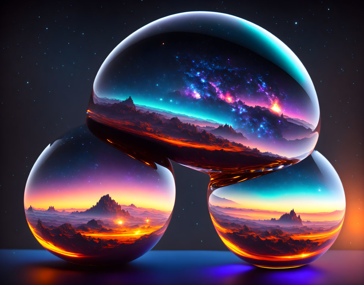 Reflective Spherical Shapes Show Space and Sunset Landscapes