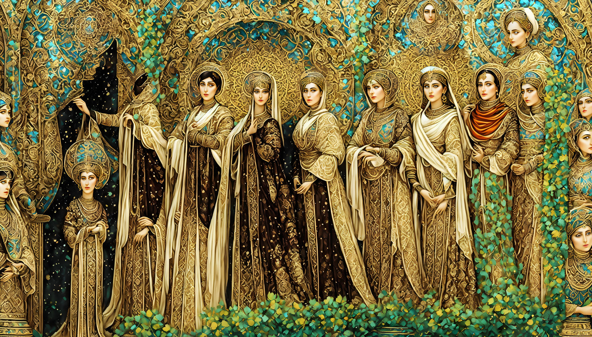 Multiple women in ornate golden robes with Persian-inspired patterns in a lush, intricate floral setting.