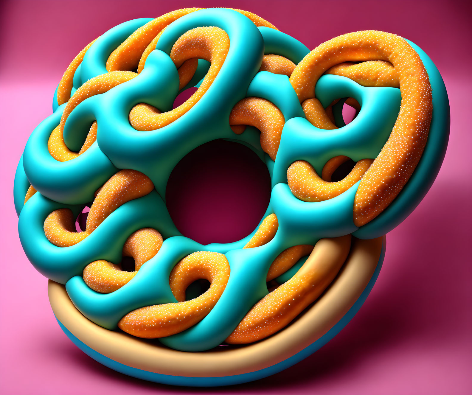 Stylized 3D pretzel with blue icing and sugar crystals on pink background