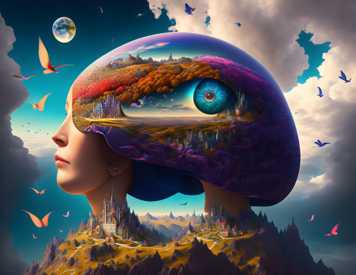 Surreal artwork: woman's head as landscape with eye, birds, cloudy sky, distant moon