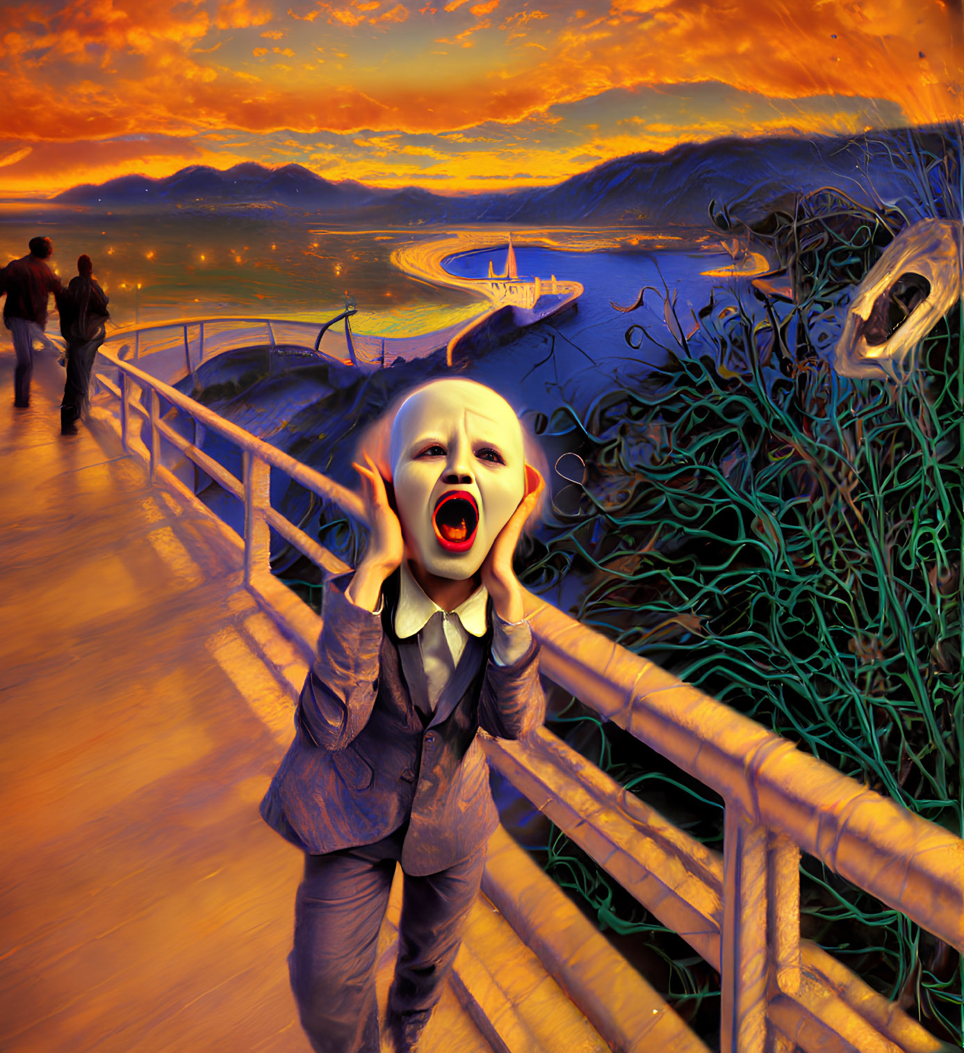 Surreal Artwork: Enlarged Screaming Mouth, Distorted Railing, Vibrant