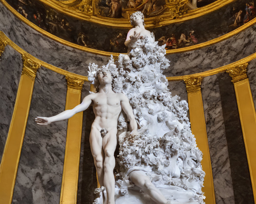 Classical male sculpture with cherub in ornate setting