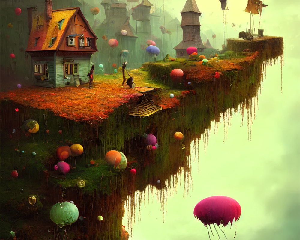 Fantastical scene: Floating islands, whimsical buildings, colorful balloons, people in foggy backdrop