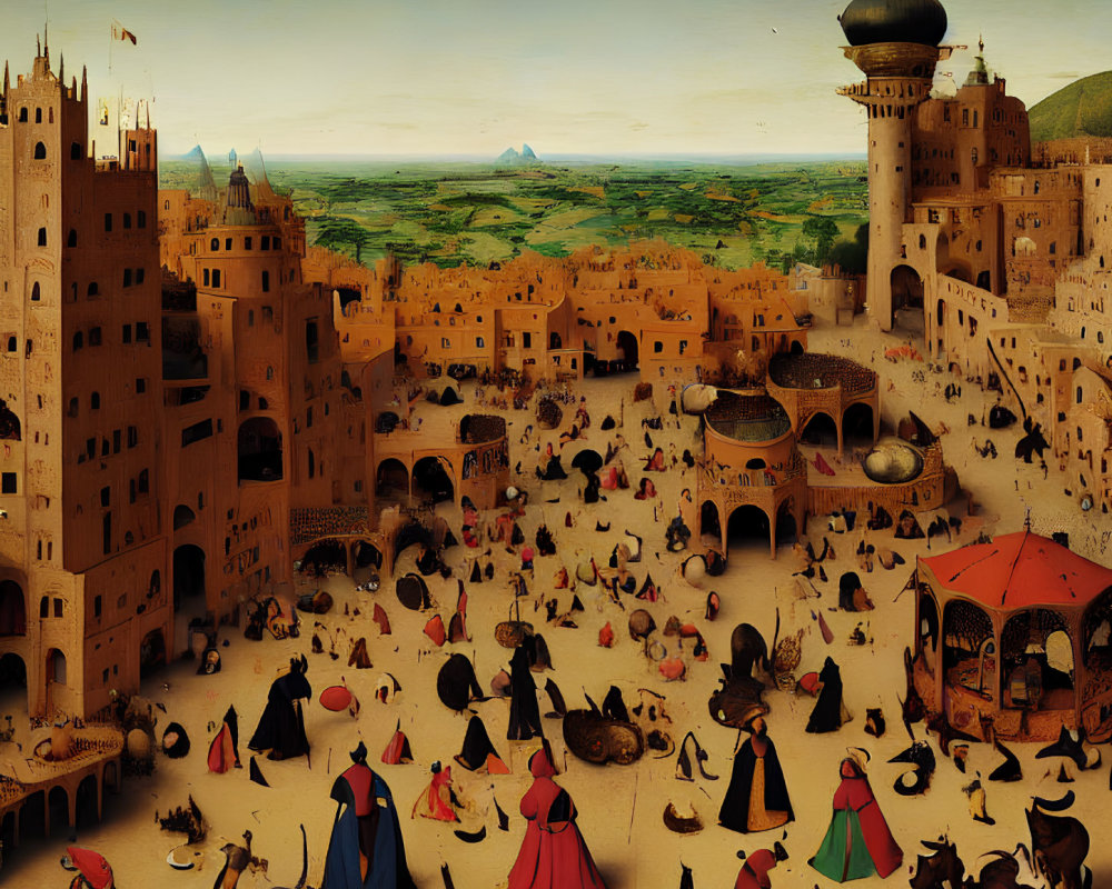 Medieval city square painting with diverse people, animals, and fantastical architecture