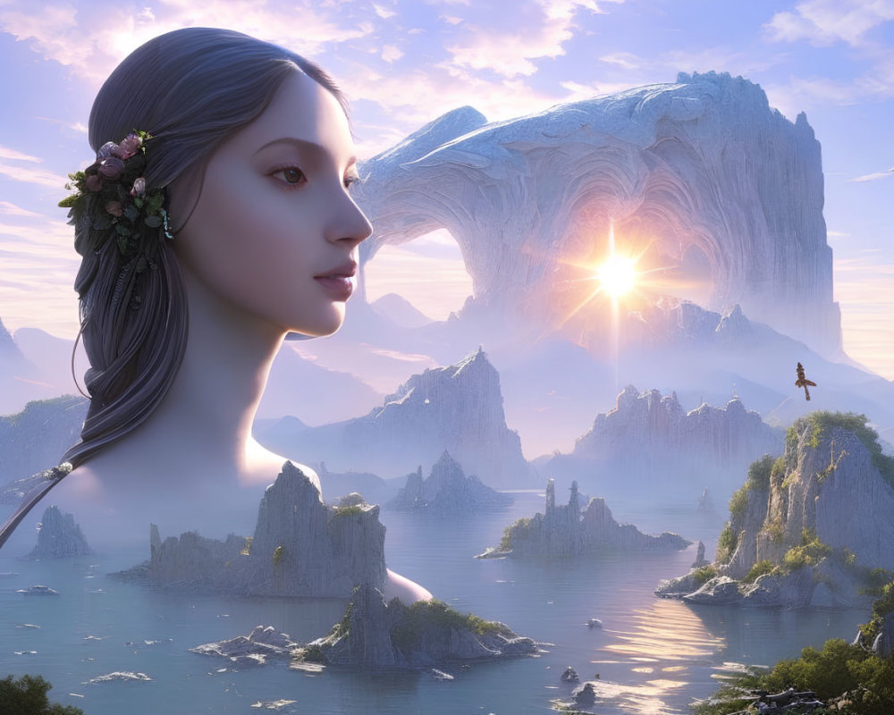 Fantasy landscape with colossal woman's head, floral hairpiece, mountains, waterbody, and glowing