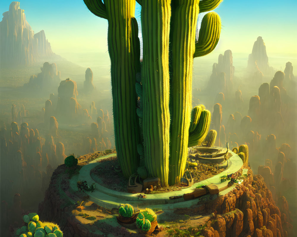 Colorful desert scene with cacti, plateaus, and train track at sunrise