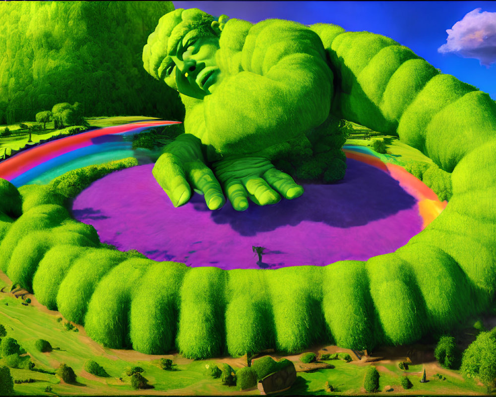 Giant Green Creature in Vibrant Landscape