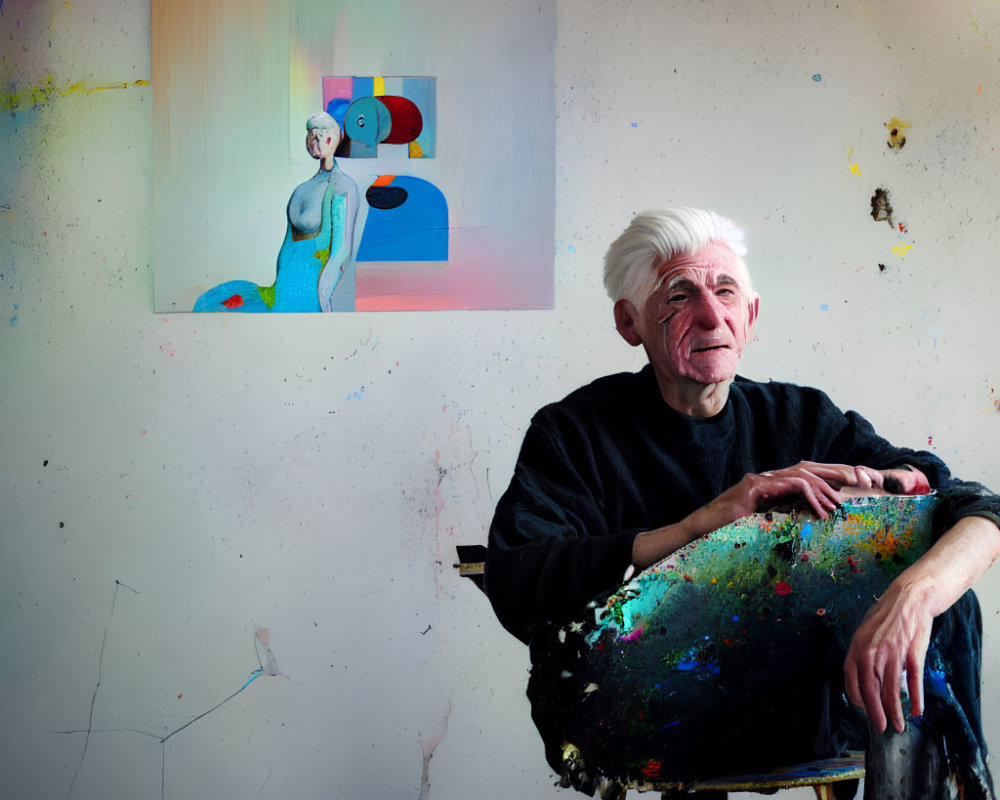 Elderly artist in paint-stained studio with abstract art & palette