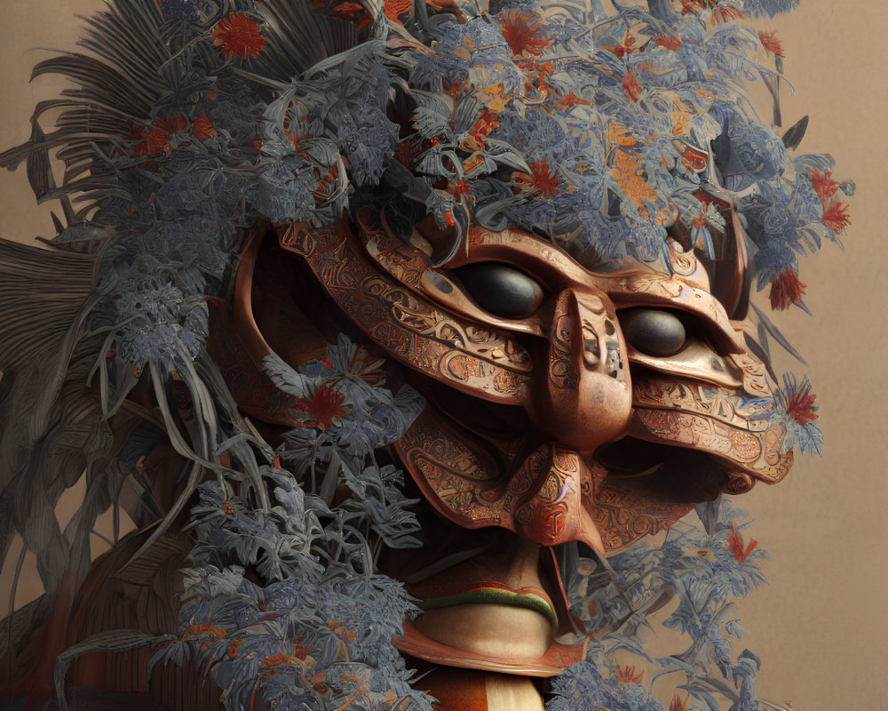 Detailed Digital Artwork: Mask with Intricate Patterns Among Stylized Flowers