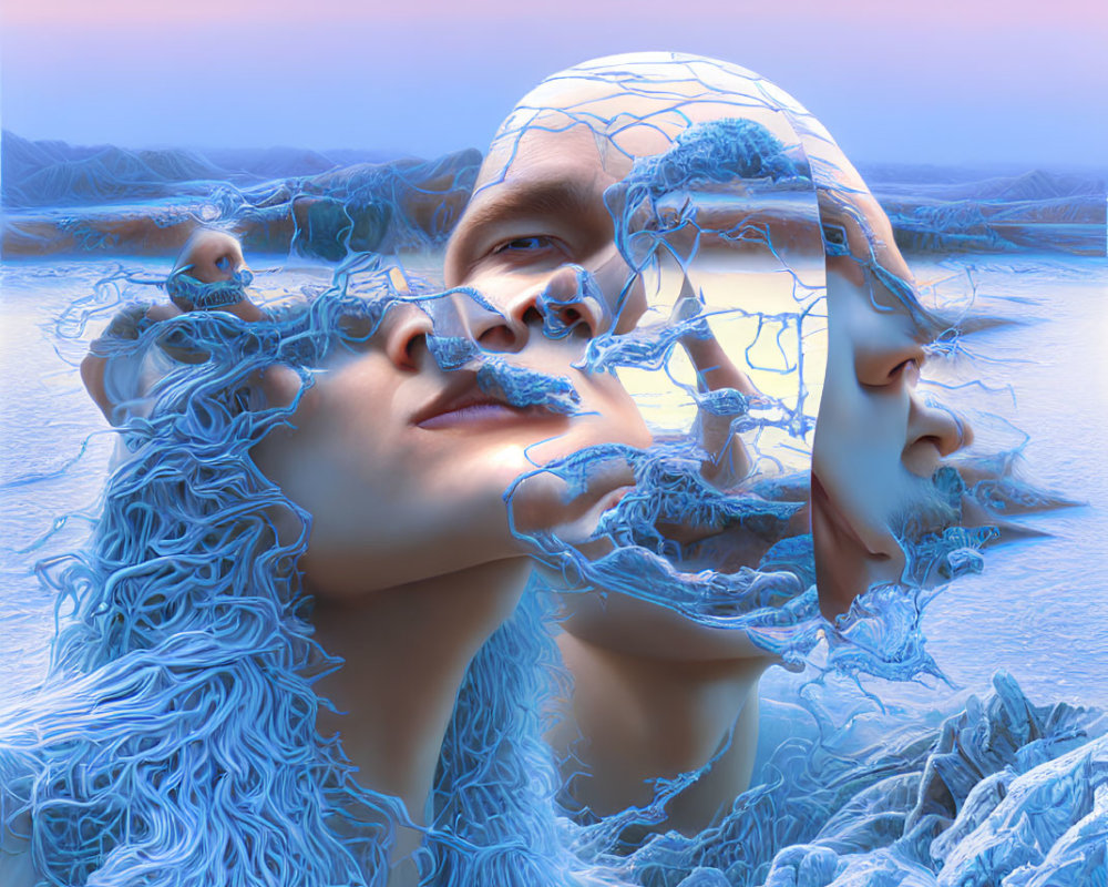 Person with Multiple Faces in Surreal Artwork with Blue and Purple Background