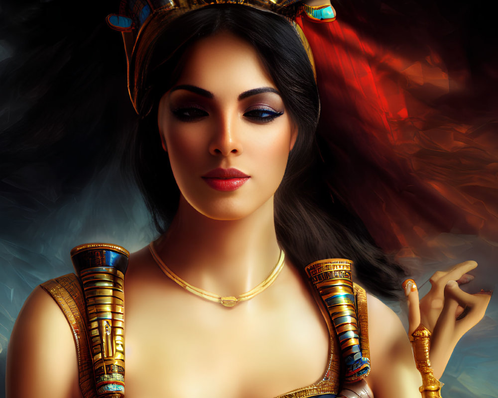 Ancient Egyptian Pharaoh-Inspired Woman Artwork with Gold Jewelry