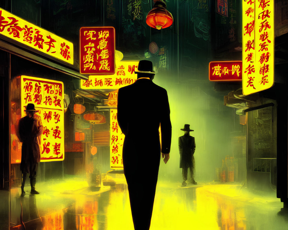 Neon-lit rain-soaked alley with silhouetted figures and Chinese signboards