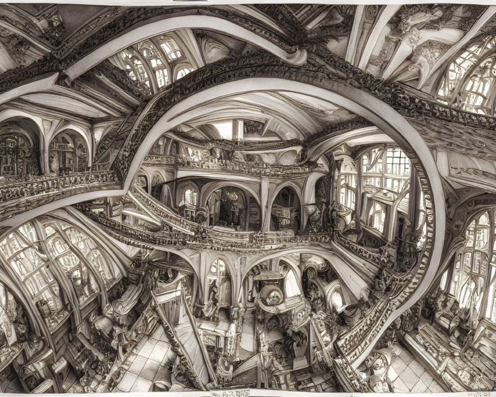 Intricate Escher-like architectural photo of complex staircases and arches