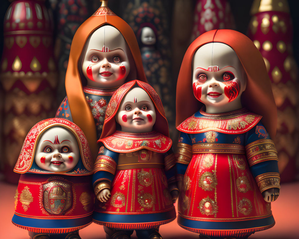 Traditional Russian Matryoshka Dolls Set with Intricate Designs and Rich Colors