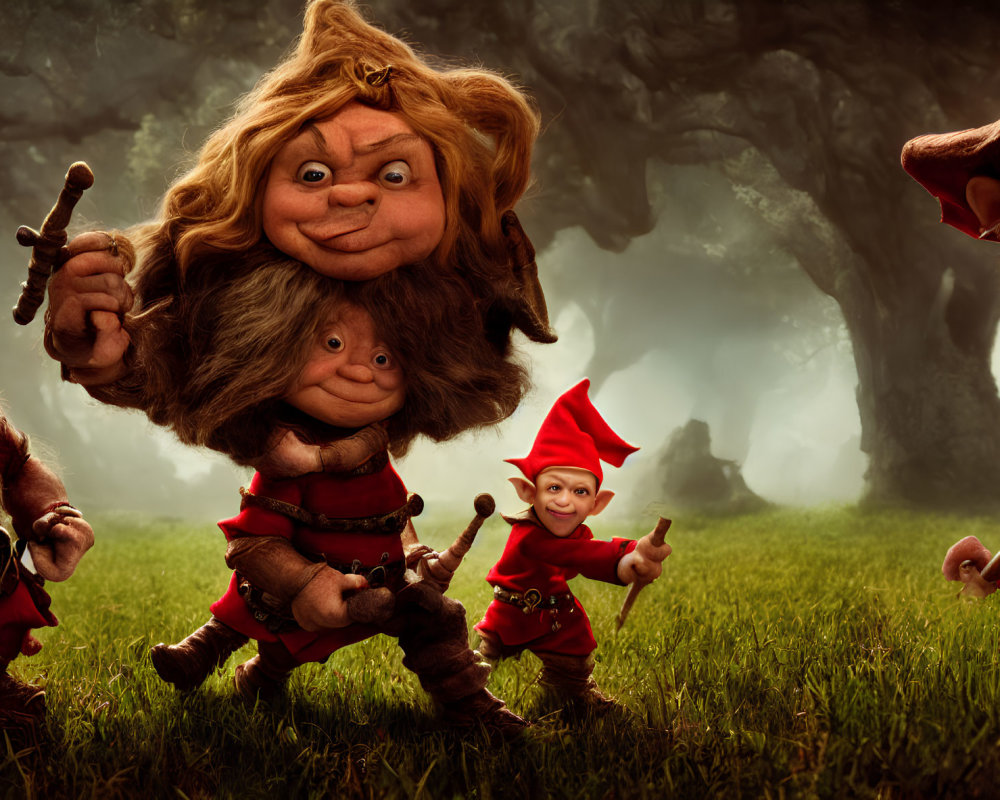 Fantasy Gnome-like Creatures in Vibrant Forest Scene