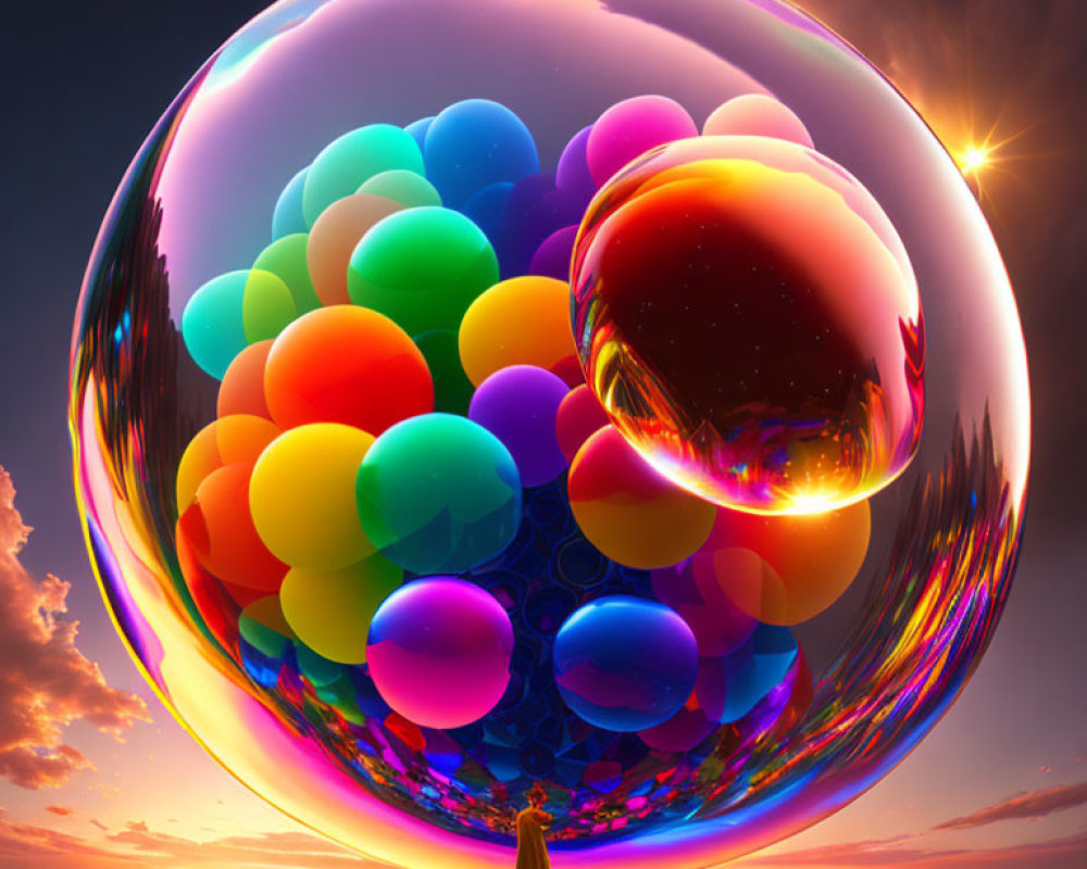 Colorful Balloons Surround Person in Bubble at Sunset Sky