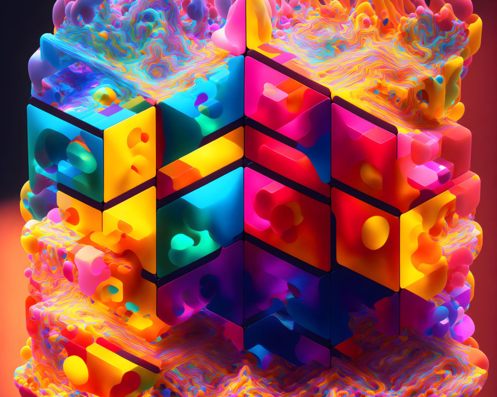 Abstract digital artwork: Melting Rubik's Cube in vibrant colors