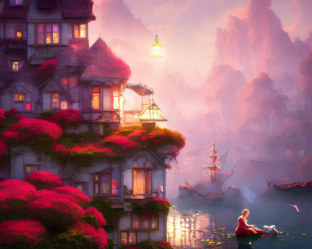 Fantasy landscape with red foliage house, lanterns, misty river, and rock formations