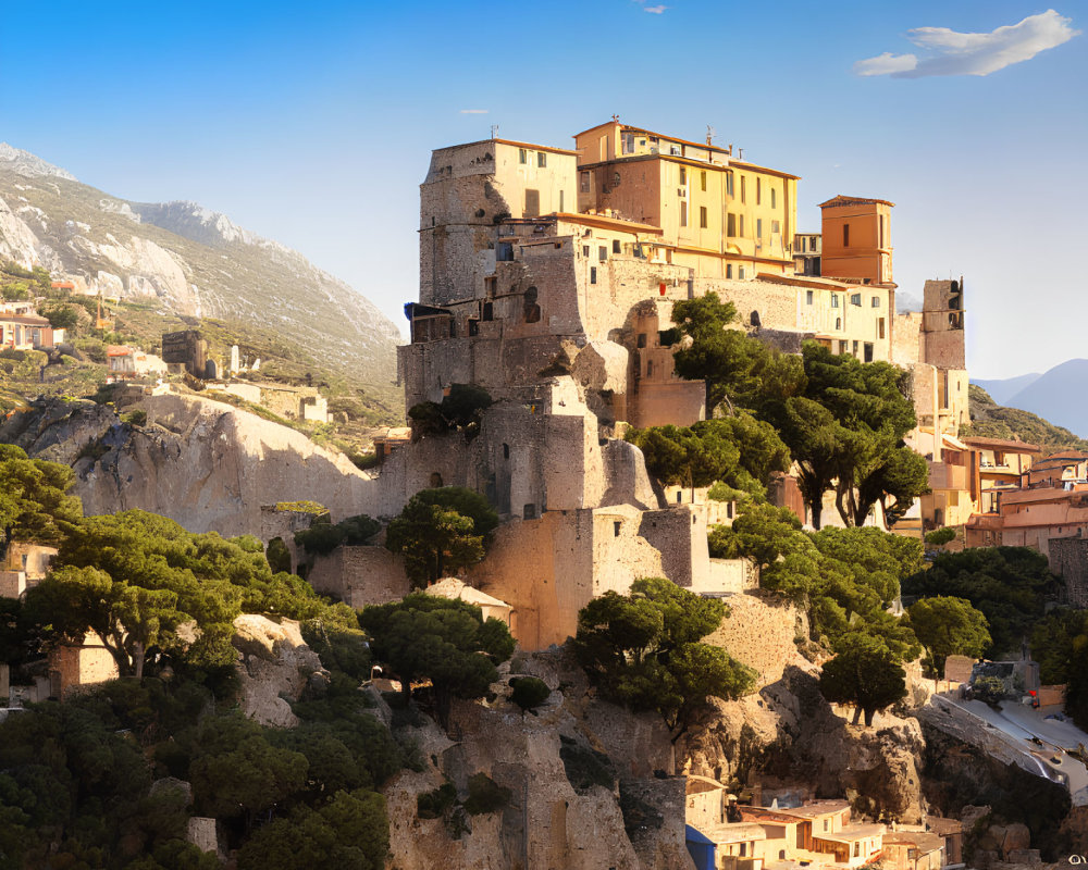 Medieval castle on rugged cliff amid lush greenery