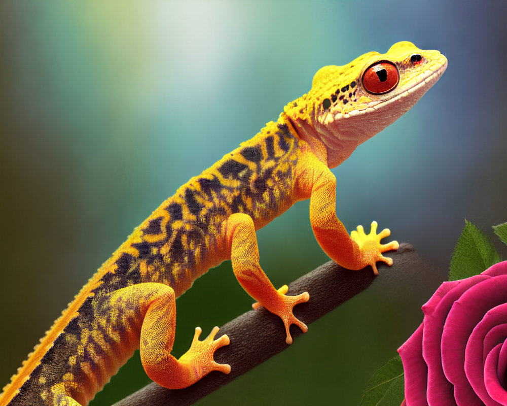 Colorful Yellow Gecko on Branch with Pink Rose and Blurred Green Background