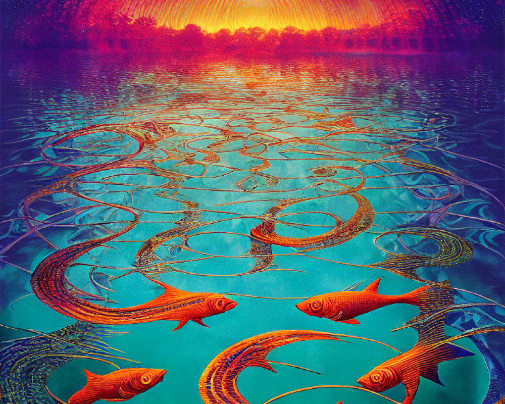 Vibrant orange koi fish in psychedelic blue water under fiery sunset