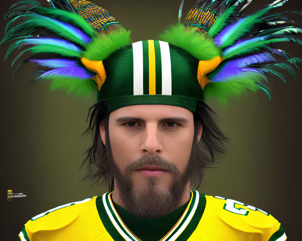 Man in Stern Expression Wearing Colorful Sports Jersey and Feathered Headpiece