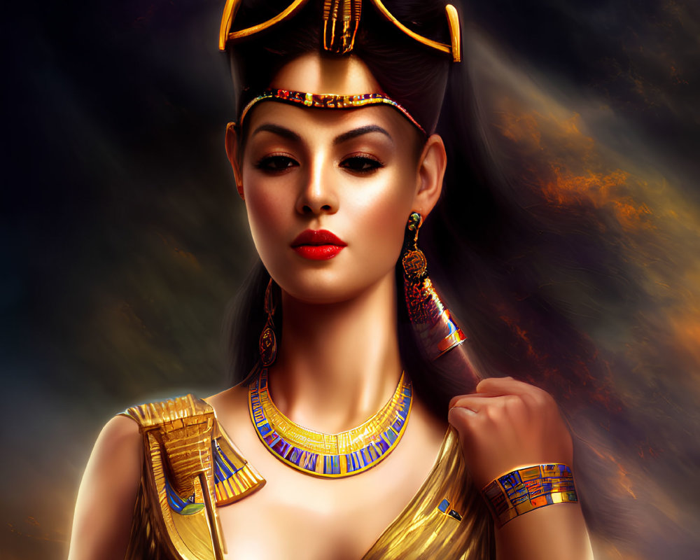 Illustrated portrait of a woman in ancient Egyptian style with headdress and golden accessories