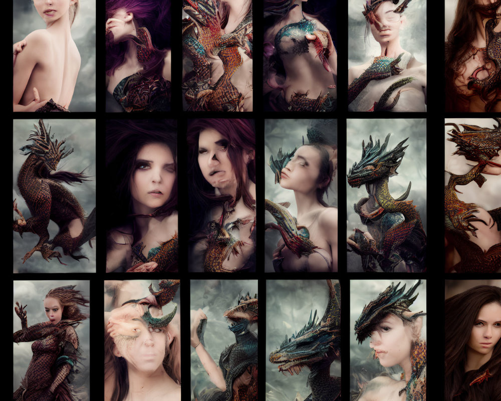 Fantasy-themed collage: Women with dragon attributes in artistic poses, muted colors, textured details