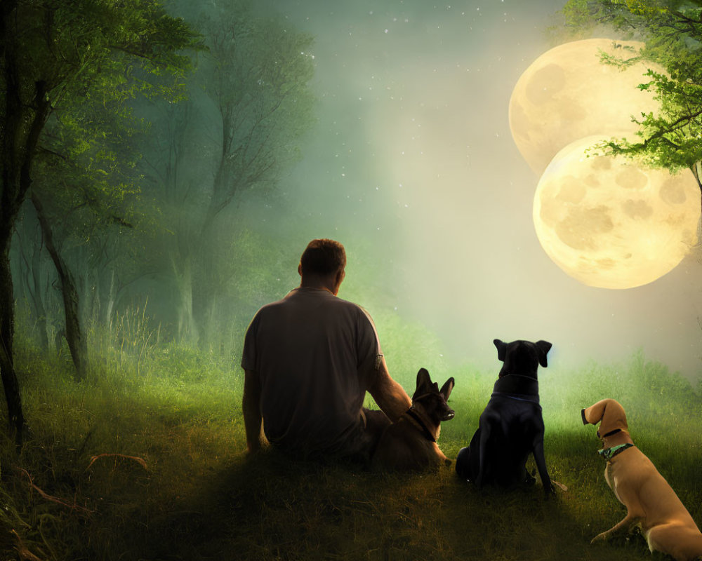 Man with three dogs under two full moons in mystical twilight scene