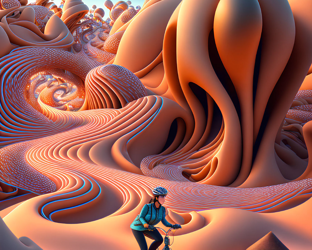 Cyclist on surreal orange landscape with swirling patterns