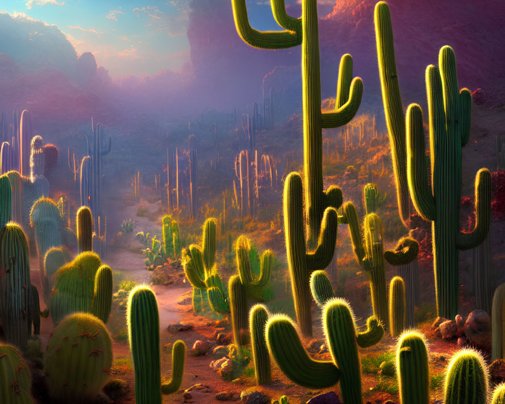 Vibrant desert sunrise with tall cacti and rugged mountains in hazy golden sky