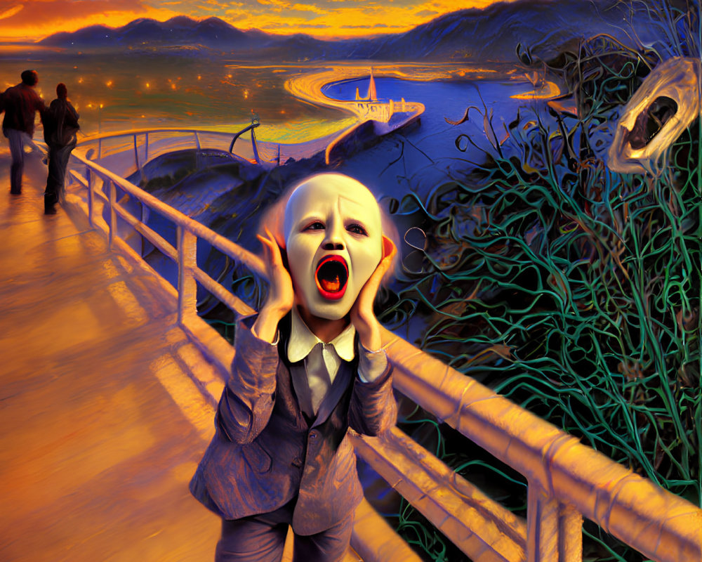 Surreal Artwork: Enlarged Screaming Mouth, Distorted Railing, Vibrant