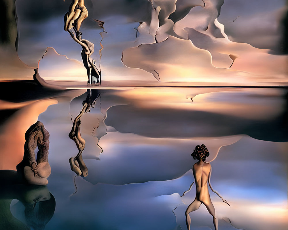 Surreal painting with warped figures and landscapes, mirrored images, dreamlike quality