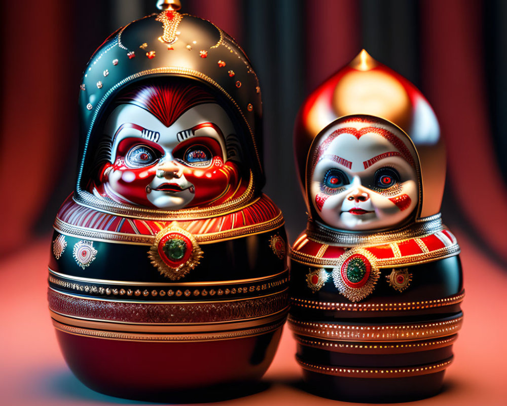 Intricately painted matryoshka dolls with Kathakali face designs on red backdrop