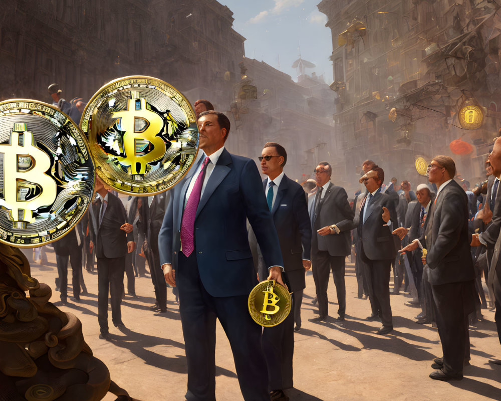 Businessmen in Suits with Bitcoin Symbols in City Square