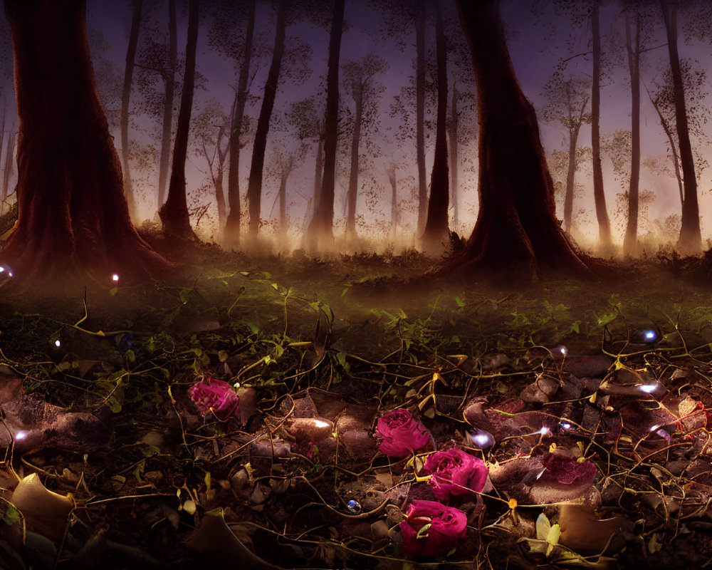 Twilight enchanted forest with large trees and pink flowers