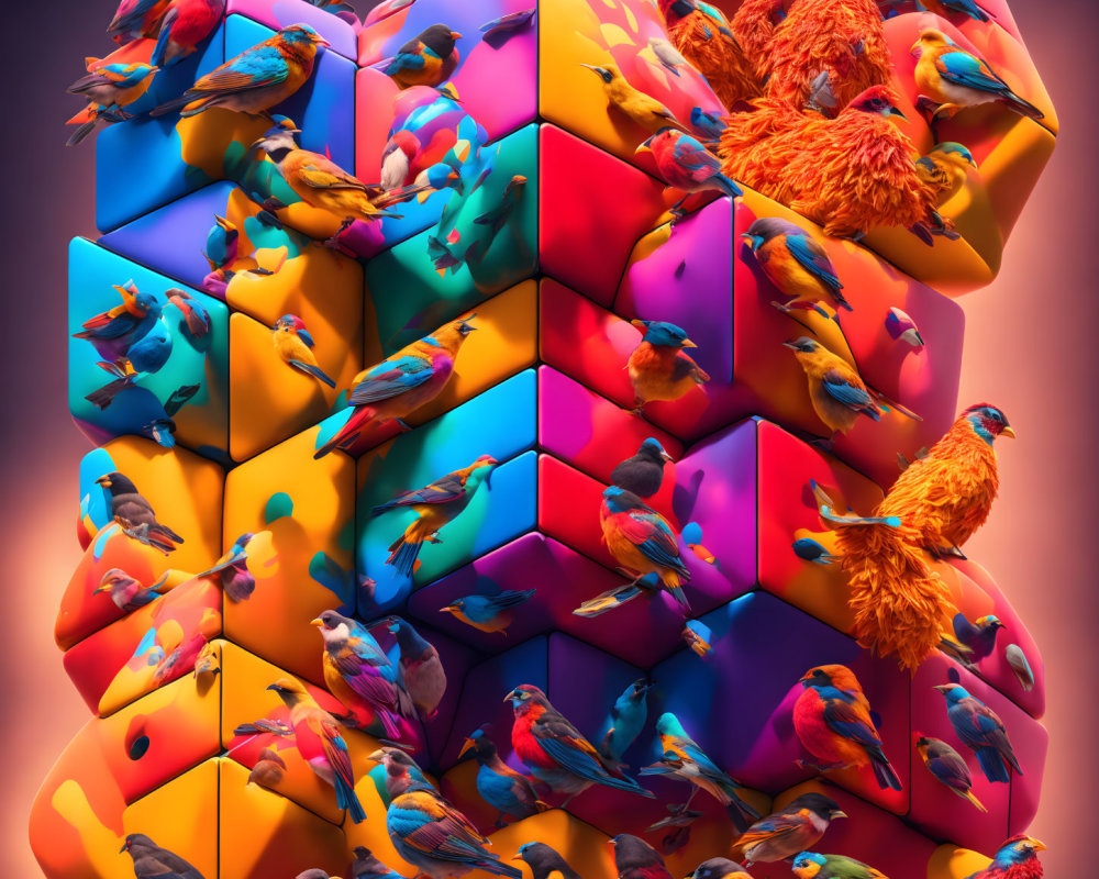 Vibrant birds on colorful 3D cube structure with shadows on gradient backdrop