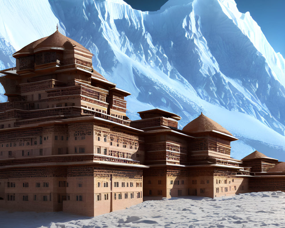 Intricate Palace Complex in Snowy Mountain Landscape